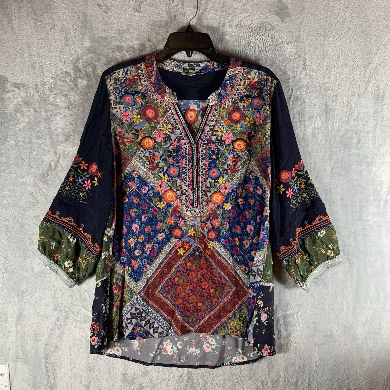 John Mark Women's Tunic Top M Boho Embroidered Floral Blouse Artsy Multicolor